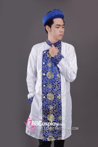 Áo Dài Nam Trắng Viền Xanh Gấm