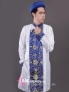 Áo Dài Nam Trắng Viền Xanh Gấm
