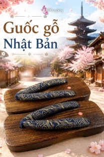 Guốc Gỗ Geta Bản Gỗ Quai Xanh Vân Mây Nhũ Vàng