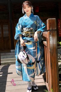 Furisode Kimono Zashu Tazo - Xanh Sóng Biển Và Đàn Hạc