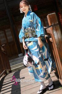 Furisode Kimono Zashu Tazo - Xanh Sóng Biển Và Đàn Hạc