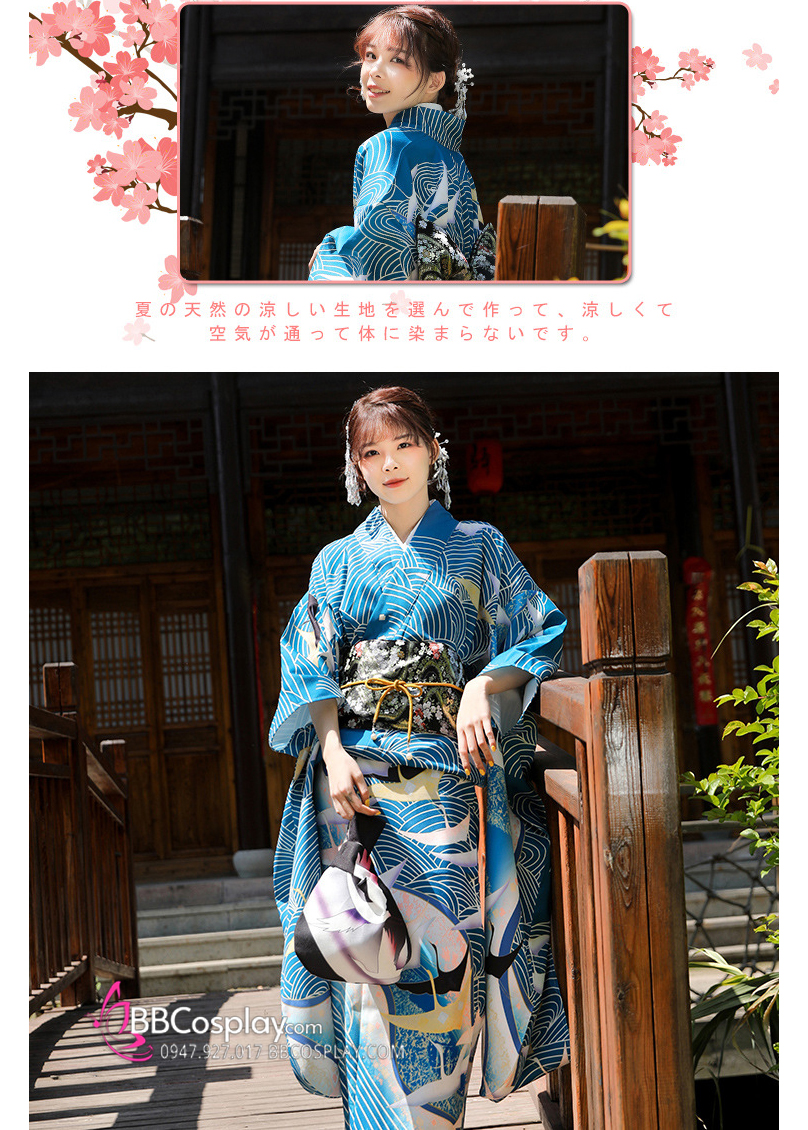 Furisode Kimono Zashu Tazo - Xanh Sóng Biển Và Đàn Hạc