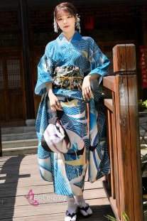 Furisode Kimono Zashu Tazo - Xanh Sóng Biển Và Đàn Hạc