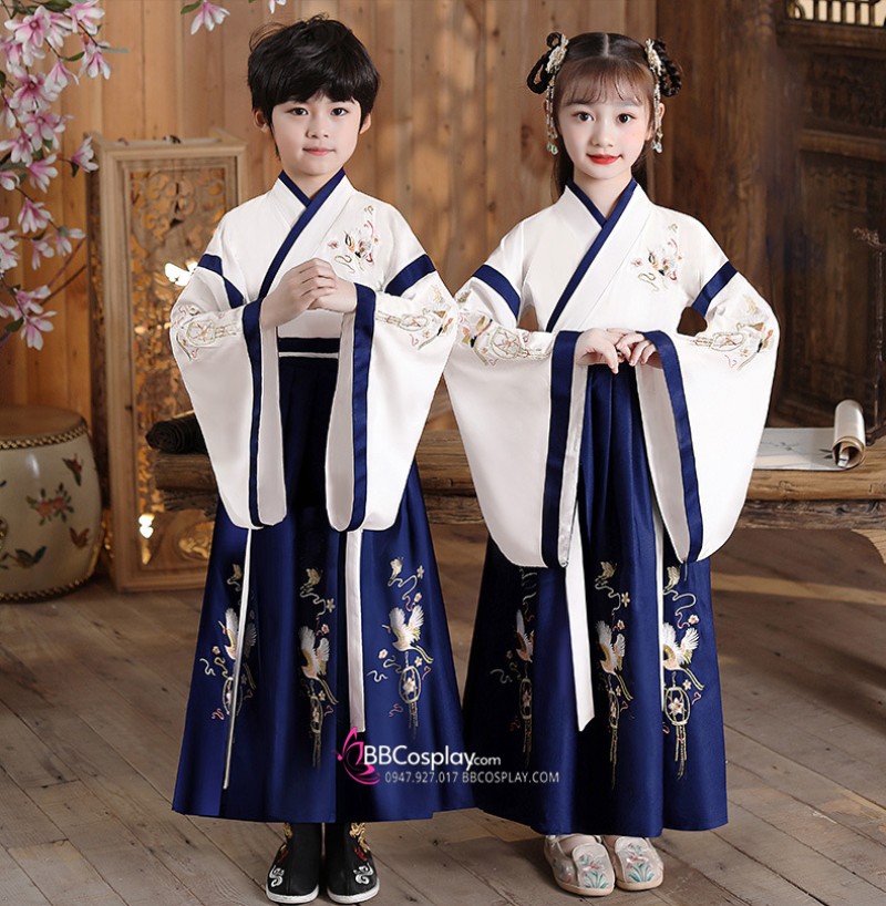 Trang Phục Môn Sinh Nhà Tống Cho Trẻ Em Áo Trắng Váy Xanh Thêu Mao Tước