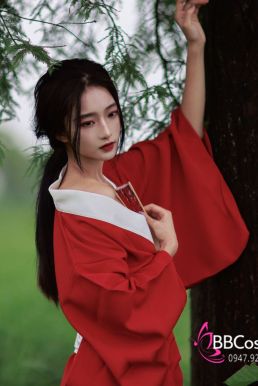 Áo Yukata Đỏ Trơn Cổ Trắng Tặng Kèm Thắt Lưng