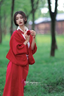 Áo Yukata Đỏ Trơn Cổ Trắng Tặng Kèm Thắt Lưng