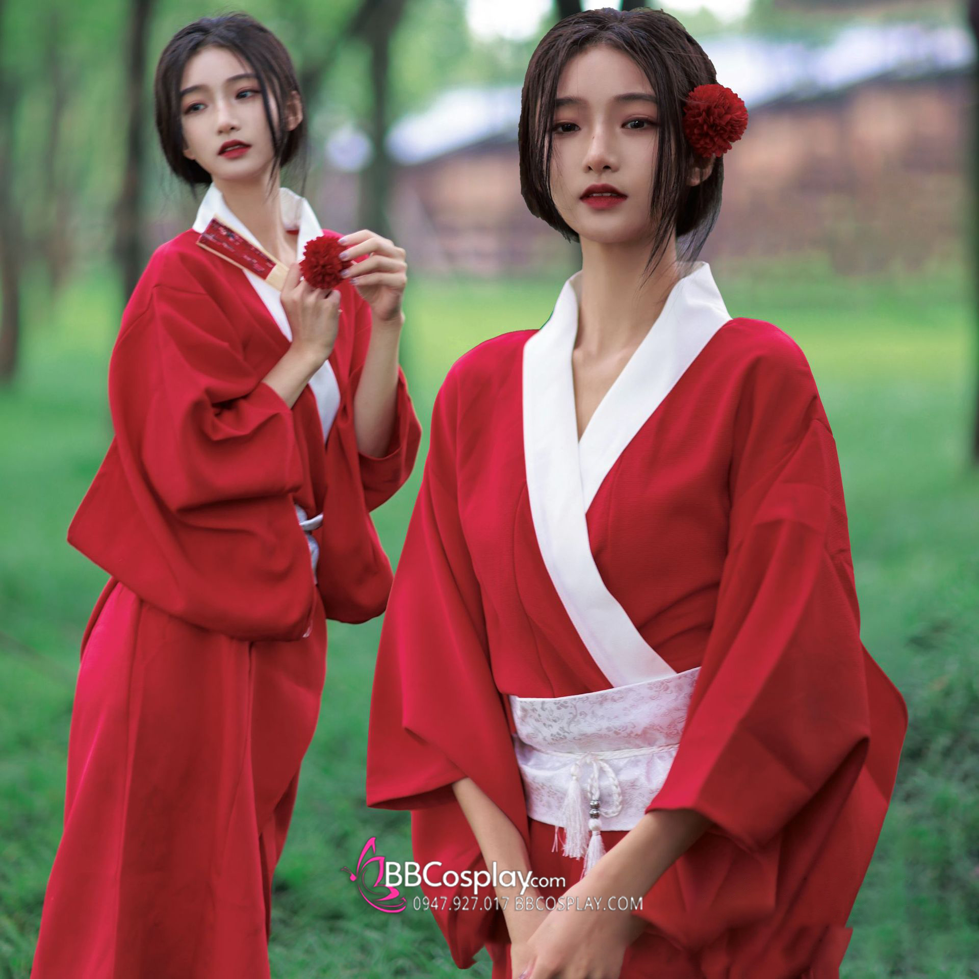 Áo Yukata Đỏ Trơn Cổ Trắng Tặng Kèm Thắt Lưng