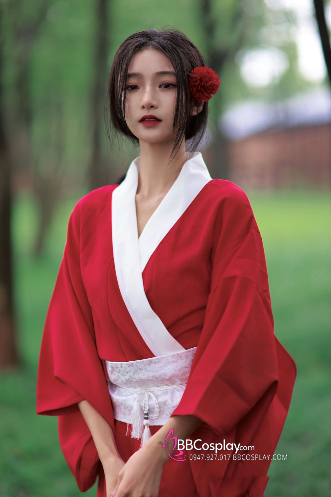 Áo Yukata Đỏ Trơn Cổ Trắng Tặng Kèm Thắt Lưng