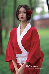 Áo Yukata Đỏ Trơn Cổ Trắng Tặng Kèm Thắt Lưng