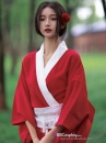 Áo Yukata Đỏ Trơn Cổ Trắng Tặng Kèm Thắt Lưng