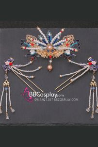 Bộ 3 Món Trâm Cài Hằng Nga Đuôi Công Tone Xanh Vàng