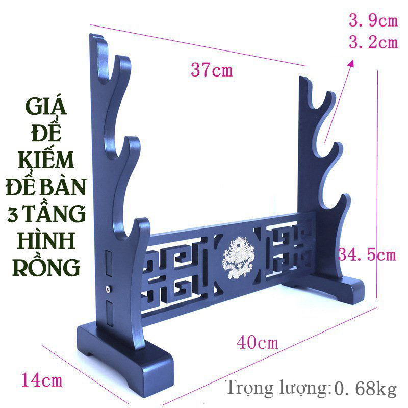 Giá Để Kiếm Để Bàn Đế To Cắt CNC 4 Tầng Hình Rồng Mạ Vàng Loại Cao Cấp