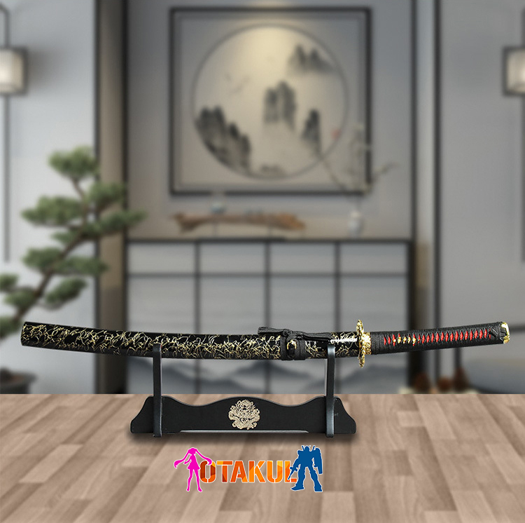 Giá Để Kiếm Gỗ Lót Nhung 3 Tầng Hình Rồng Mạ Vàng