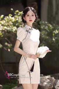 Sườn Xám Trắng Ngắn Viền Đen Tay Phồng