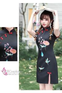 Sườn Xám Hiện Đại Dáng Ngắn Màu Đen Viền Đỏ