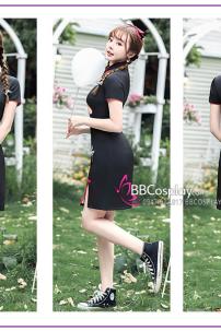 Sườn Xám Hiện Đại Dáng Ngắn Màu Đen Viền Đỏ