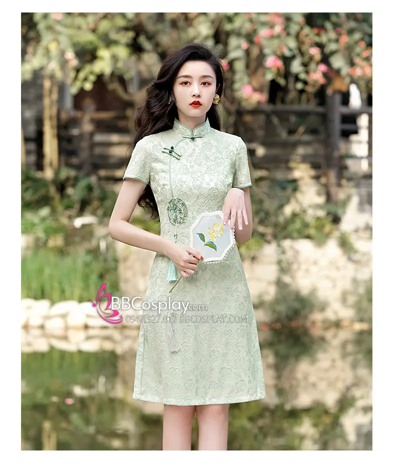 Sườn Xám Ren Hiện Đại Dáng Ngắn Kèm Tua Rua - Xanh Lá