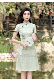 Sườn Xám Ren Hiện Đại Dáng Ngắn Kèm Tua Rua - Xanh Lá