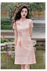 Sườn Xám Ren Hiện Đại Dáng Ngắn Kèm Tua Rua - Màu Cam