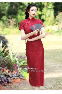 Sườn Xám Đỏ Dáng Dài Mẫu Ren Đỏ Hoa Lily