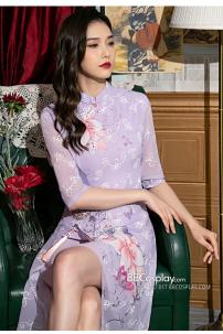 Sườn Xám Hiện Đại Voan Mềm Nền Hoa Lily - Màu Tím Lavender