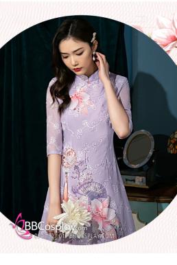 Sườn Xám Hiện Đại Voan Mềm Nền Hoa Lily - Màu Tím Lavender