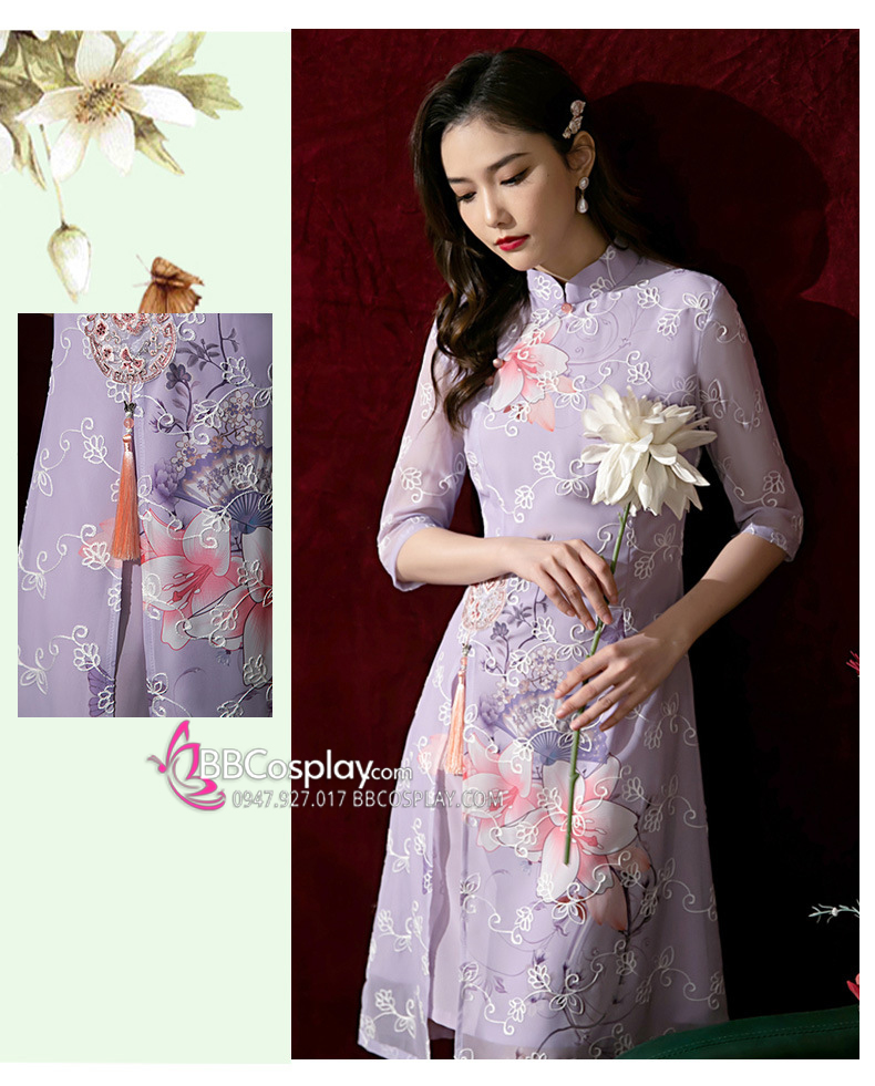 Sườn Xám Hiện Đại Voan Mềm Nền Hoa Lily - Màu Tím Lavender