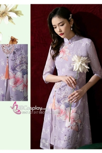 Sườn Xám Hiện Đại Voan Mềm Nền Hoa Lily - Màu Tím Lavender