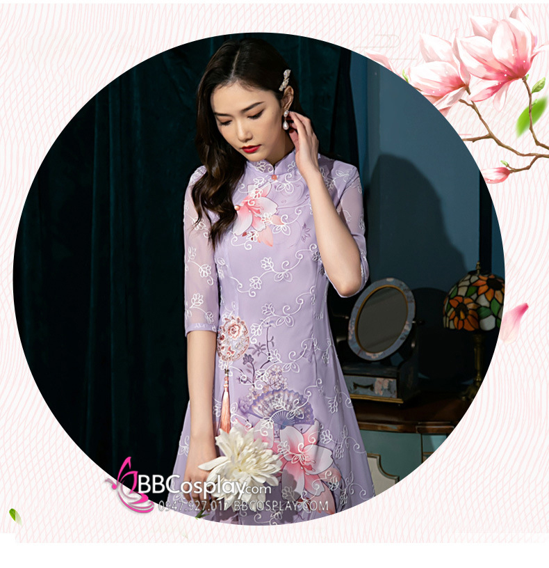 Sườn Xám Hiện Đại Voan Mềm Nền Hoa Lily - Màu Tím Lavender