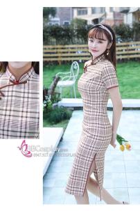 Sườn Xám Hiện Đại Mẫu Caro Nâu