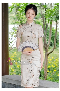 Sườn Xám Hiện Đại Nền Hoa Chi Tử - Màu Kem