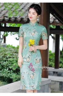 Sườn Xám Hiện Đại Nền Hoa Chi Tử - Màu Xanh Bơ