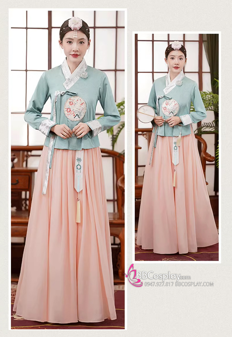 Hanbok Cao Cấp Chuẩn Hàn Chất Lụa Mềm Xanh Mint