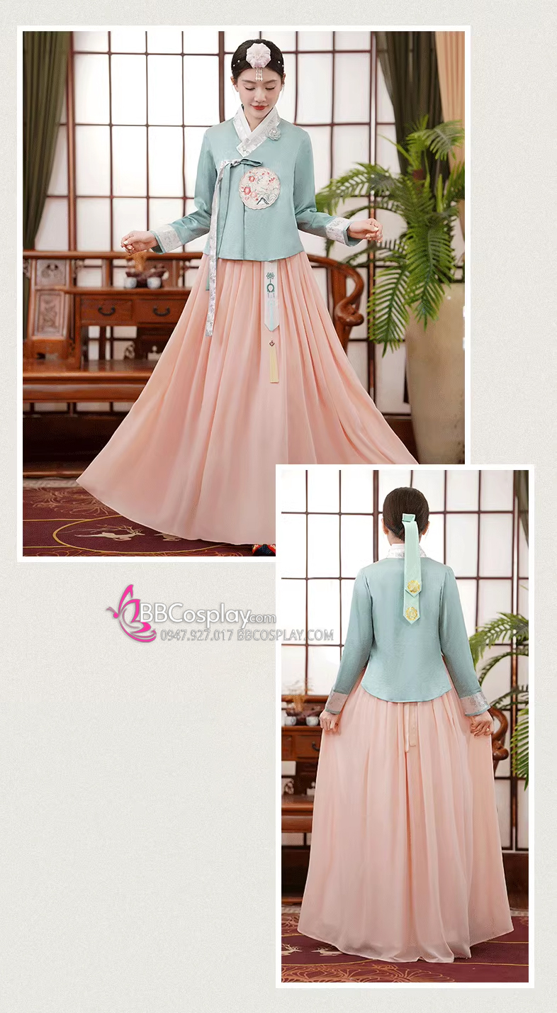 Hanbok Cao Cấp Chuẩn Hàn Chất Lụa Mềm Xanh Mint