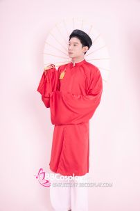 Đồ Áo Ngũ Thân Đỏ Tay Thụng Viền Cổ Trắng Lót Đỏ