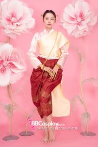 Đồ Khmer Áo Hồng Phần Saron Đỏ Gấm