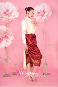 Đồ Khmer Áo Hồng Phần Saron Đỏ Gấm