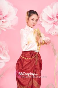 Đồ Khmer Áo Hồng Phần Saron Đỏ Gấm