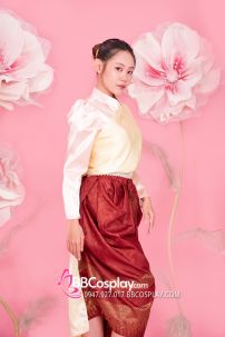 Đồ Khmer Áo Hồng Phần Saron Đỏ Gấm