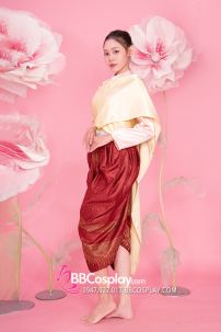 Đồ Khmer Áo Hồng Phần Saron Đỏ Gấm