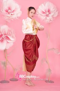 Đồ Khmer Áo Hồng Phần Saron Đỏ Gấm