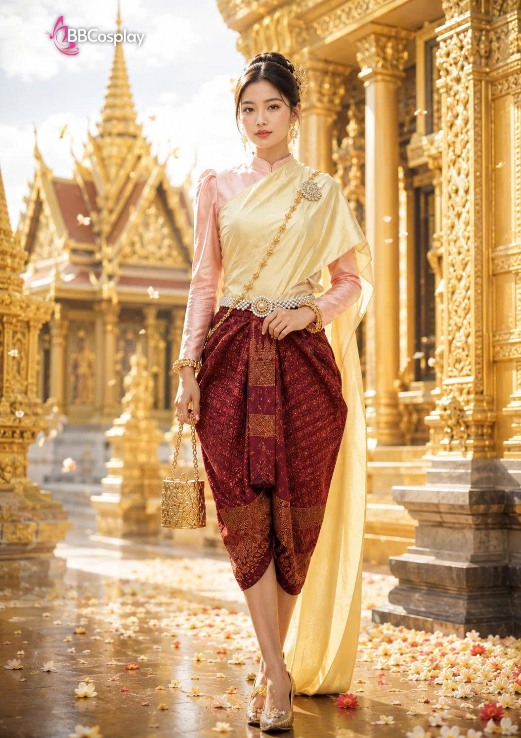 Trang Phục Khmer Áo Hồng Phấn Saron Đỏ Gấm