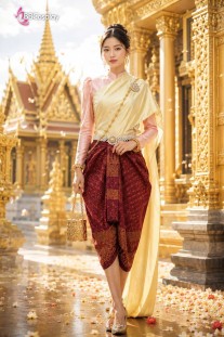 Trang Phục Khmer Áo Hồng Phấn Saron Đỏ Gấm