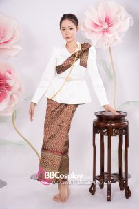Đồ Khmer Áo Trắng Váy Gấm Nâu Kèm Khăn Vai