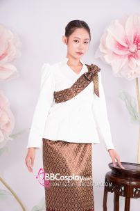 Đồ Khmer Áo Trắng Váy Gấm Nâu Kèm Khăn Vai