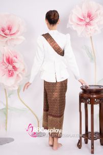Đồ Khmer Áo Trắng Váy Gấm Nâu Kèm Khăn Vai