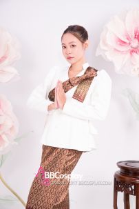 Đồ Khmer Áo Trắng Váy Gấm Nâu Kèm Khăn Vai