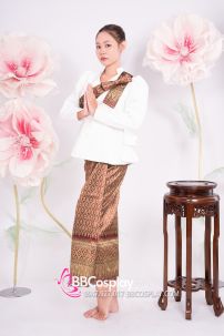Đồ Khmer Áo Trắng Váy Gấm Nâu Kèm Khăn Vai