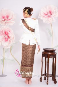 Đồ Khmer Áo Trắng Váy Gấm Nâu Kèm Khăn Vai