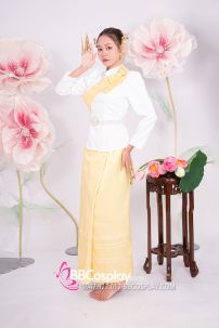 Đồ Khmer Áo Trắng Tay Phồng Váy Gấm Vàng Kèm Khăn Vai